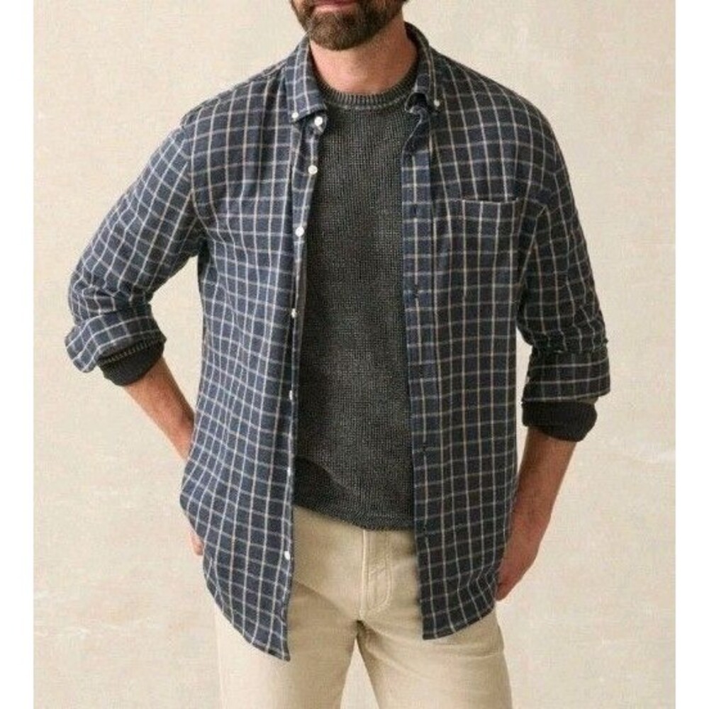 Faherty Coastline Knit Mens Navy Twilight Check Button Down Shirt 2XL NWT $178